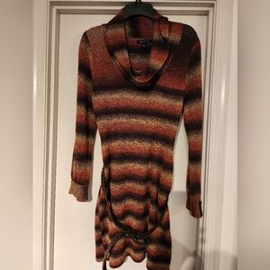 Long sleeve sweater dress cowl neck multi colors browns rust dark beige size Lg